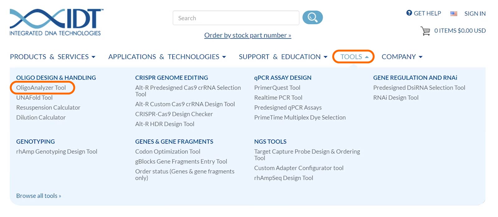 OligoAnalyzer screenshot_Figure 1 Use the IDT tools menu to access OligoAnalyzer