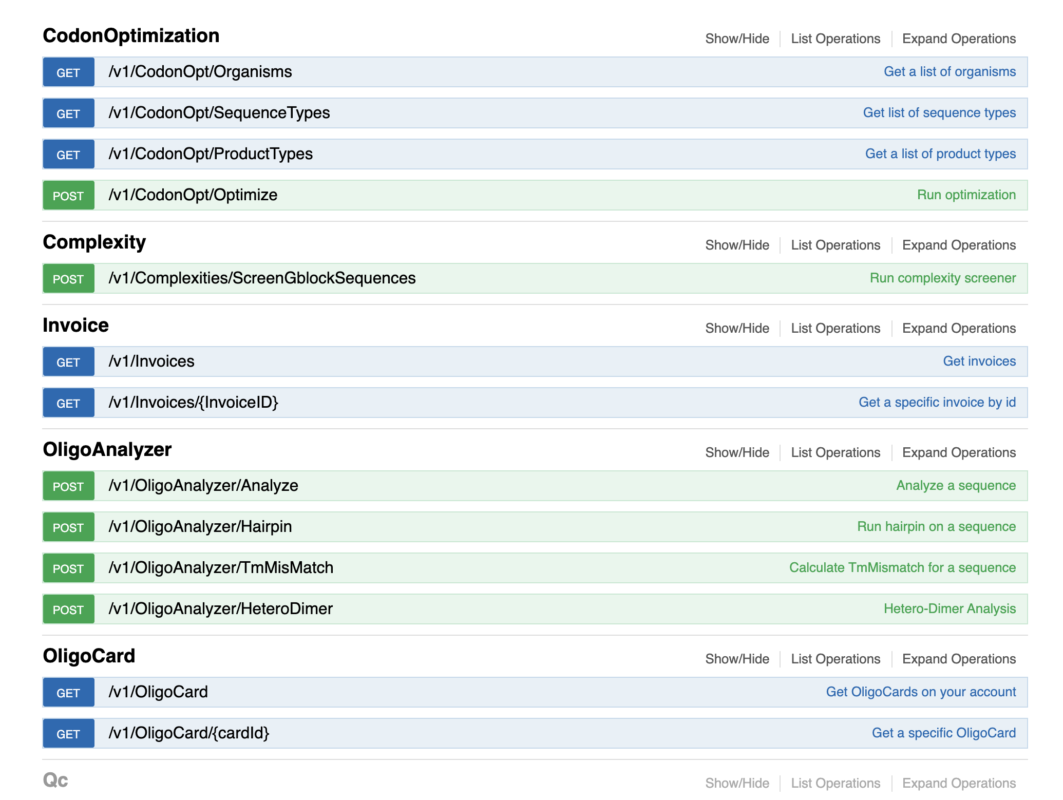 Swagger screenshot_HR Oligonucleotide sequence analysis options with SciTools Plus API.
